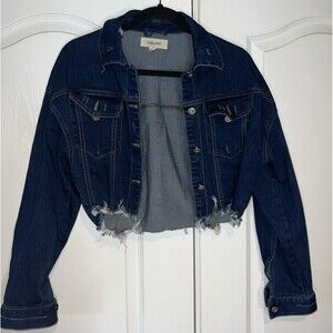 Womens Blue Denim Jean Jacket Crop Distressed Long Sleeve Small Stretch Pockets